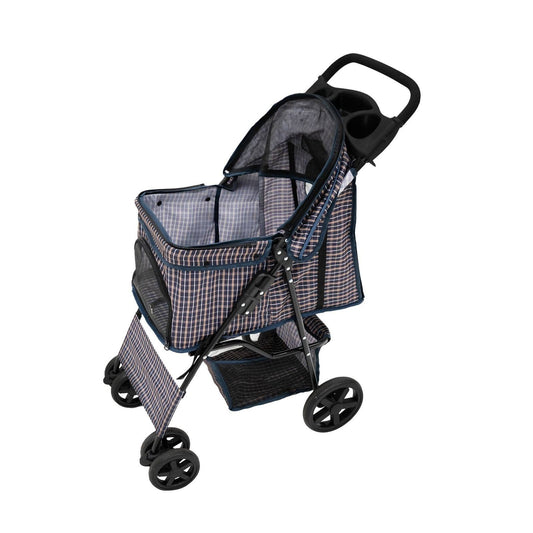 Pet Stroller with Rain Cover Blue Tartan