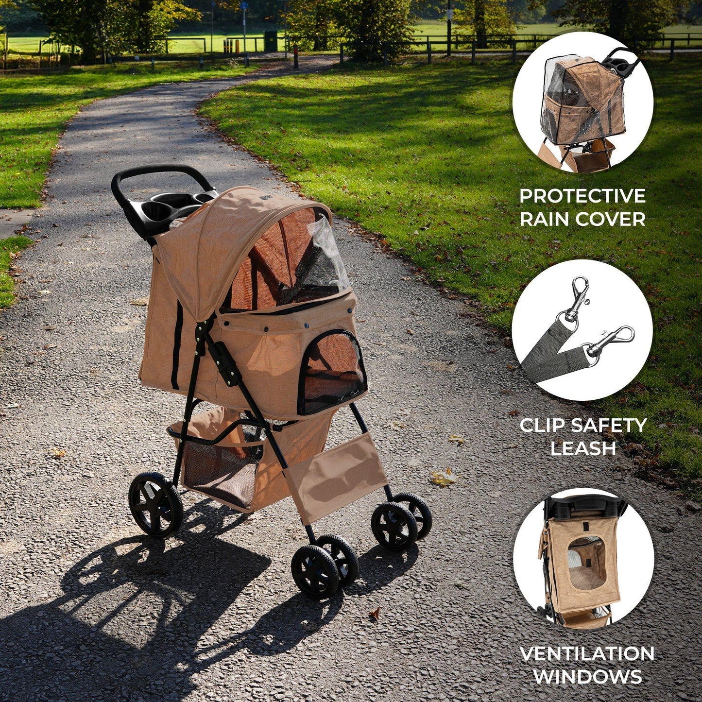 Pet Stroller with Rain Cover Woven Beige