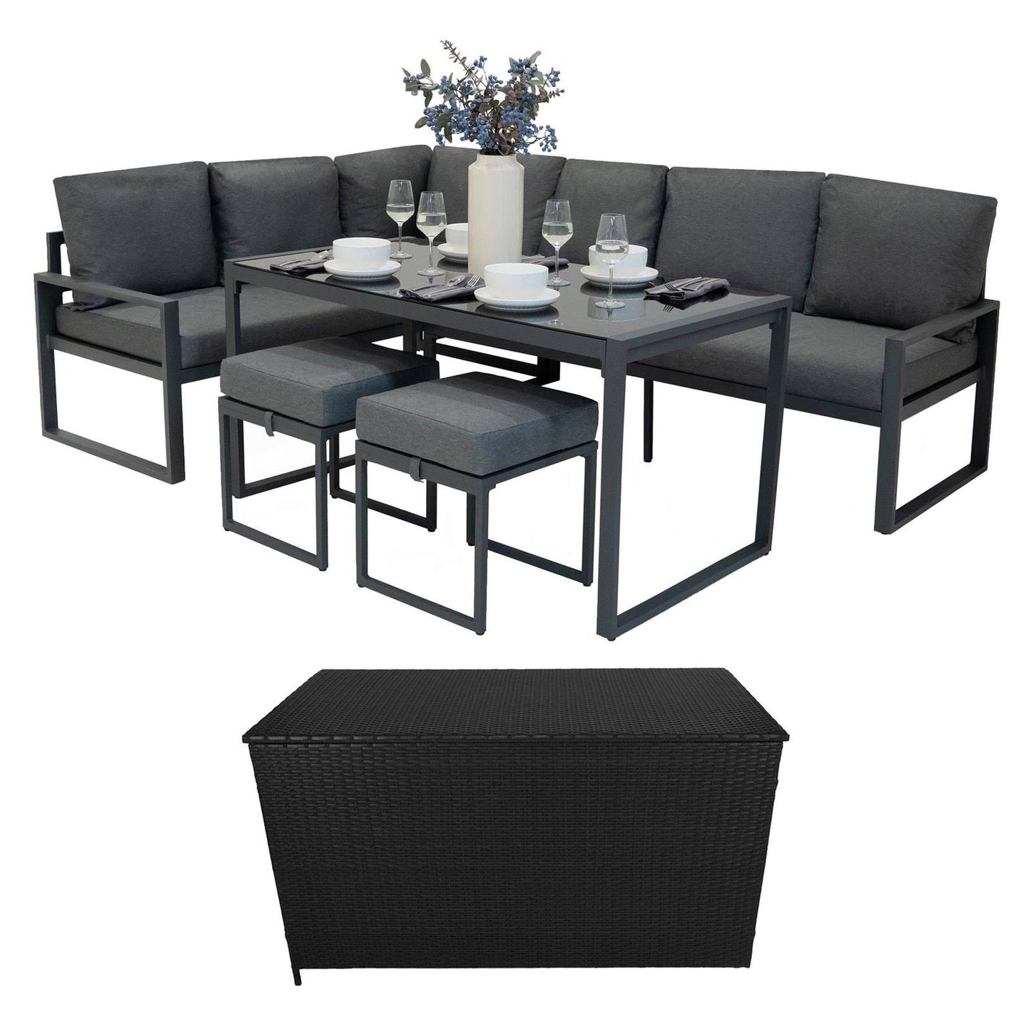 Aluminium Corner Sofa Set With Black Rattan Storage Box - Anthracite Grey