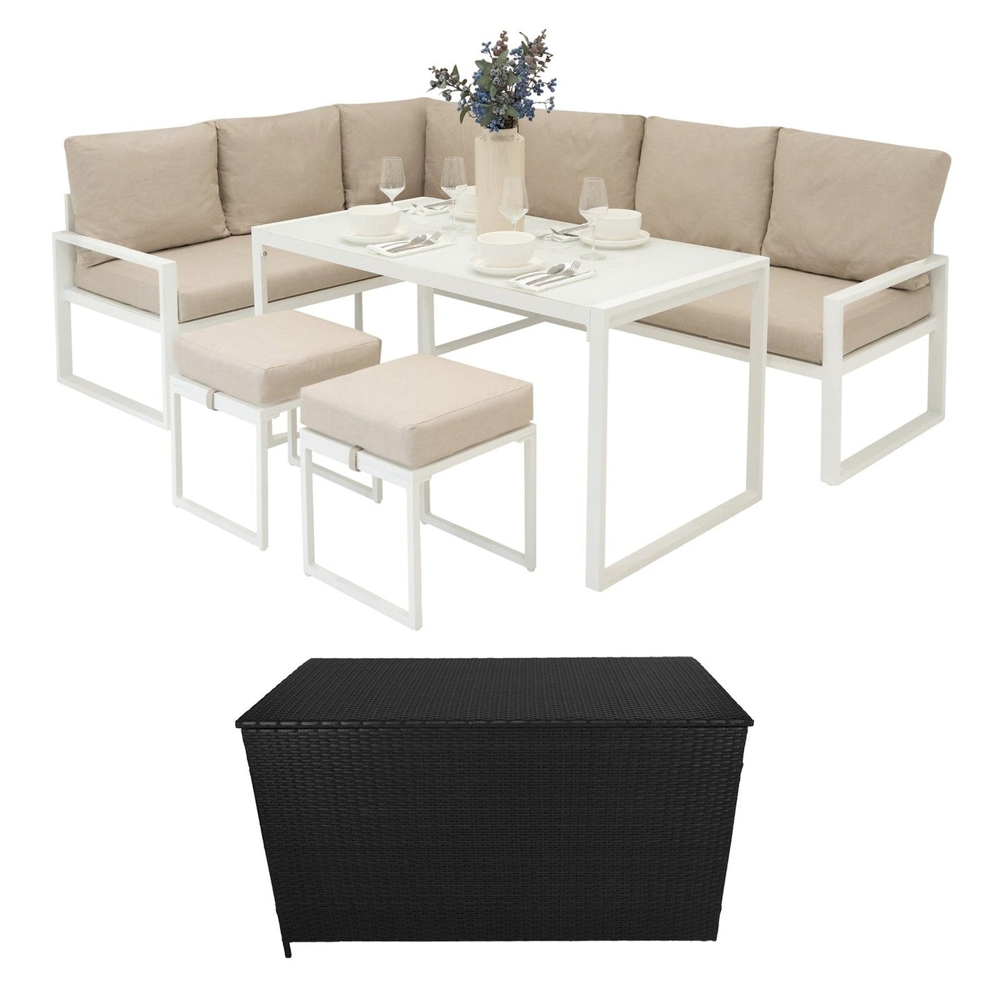 Aluminium Corner Sofa Set With Black Rattan Storage Box - White