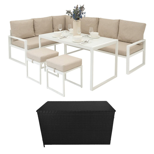Aluminium Corner Sofa Set With Black Rattan Storage Box - White