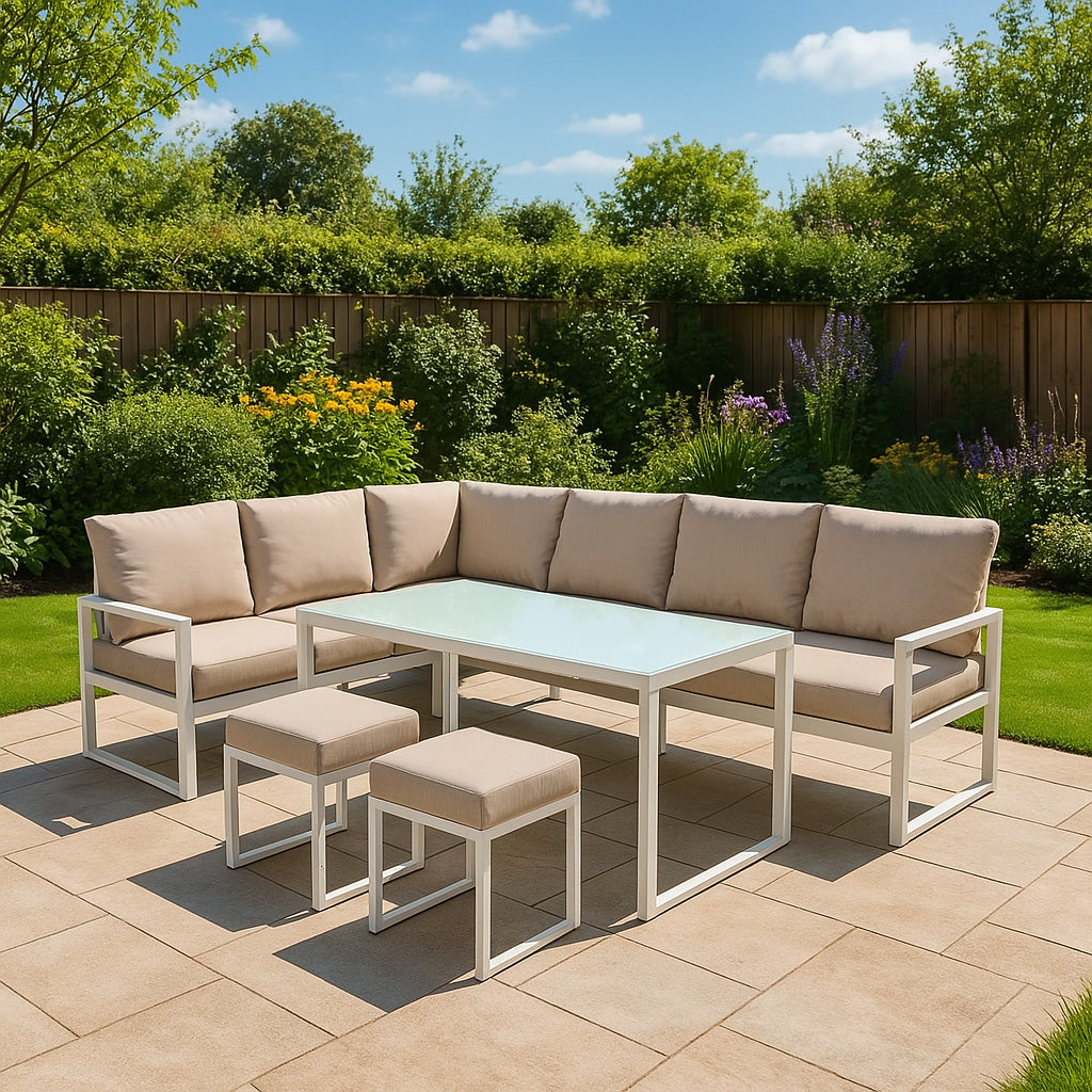 Aluminium Corner Sofa Set With Black Rattan Storage Box - White