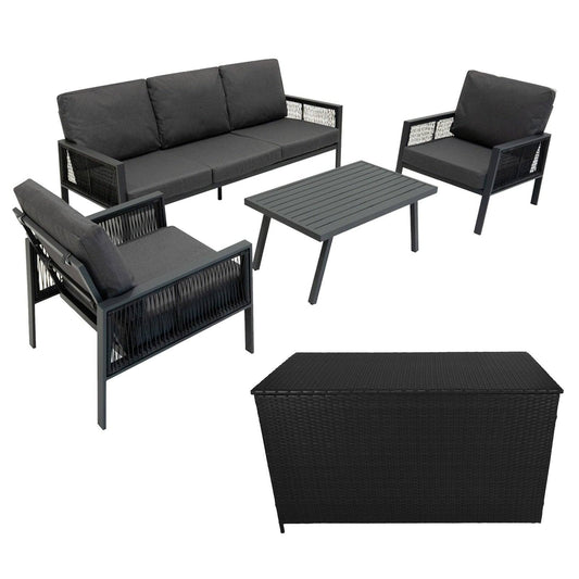 Aluminium 4 Piece Sofa Set with Black Rattan Storage Box - Anthracite Grey