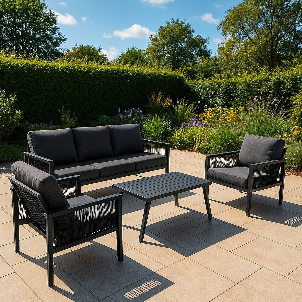 Aluminium 4 Piece Sofa Set with Black Rattan Storage Box - Anthracite Grey