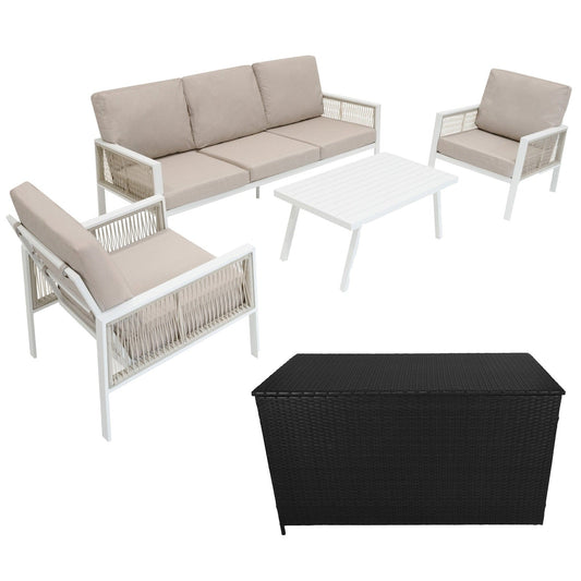 Aluminium 4 Piece Sofa Set with Black Rattan Storage Box - White