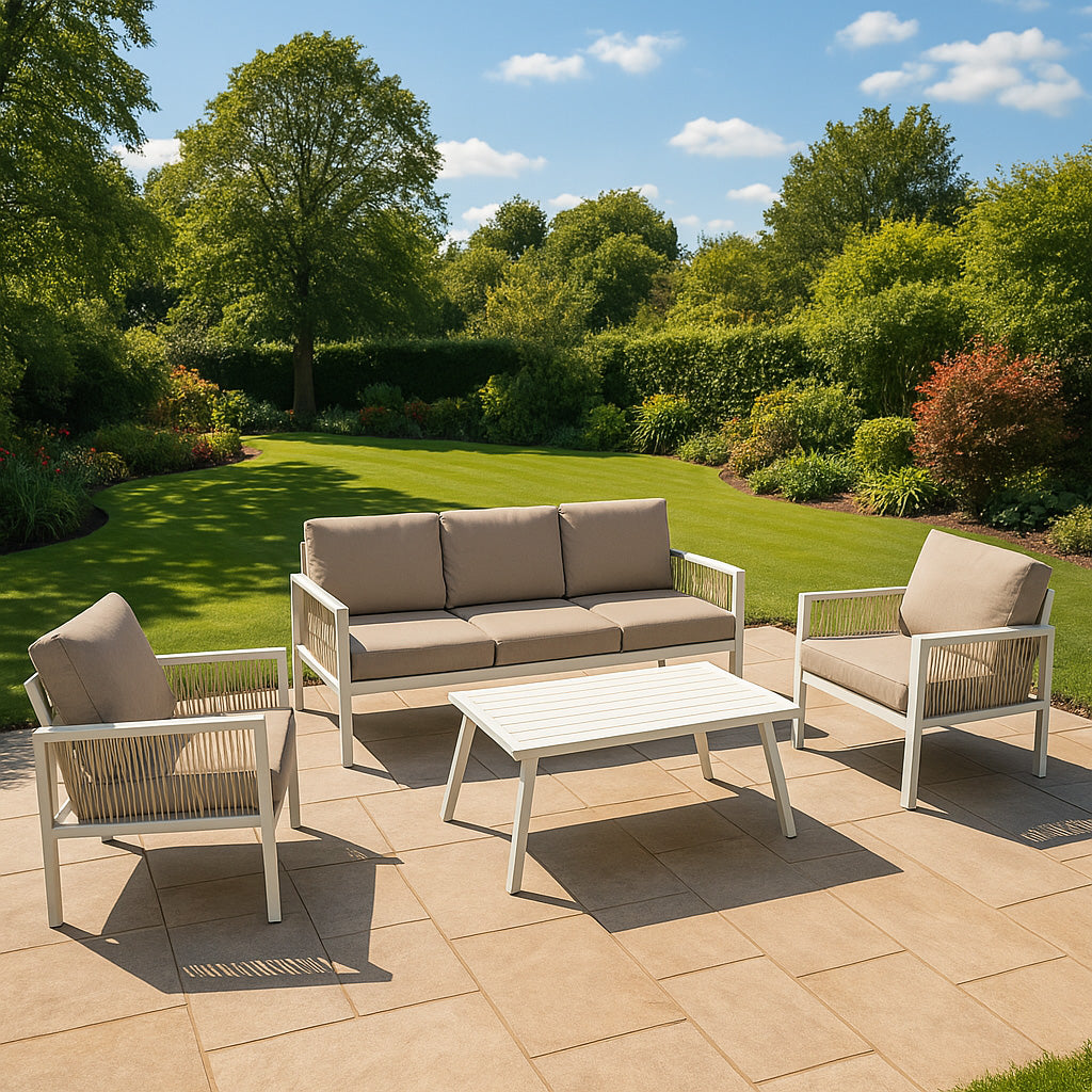 Aluminium 4 Piece Sofa Set with Black Rattan Storage Box - White