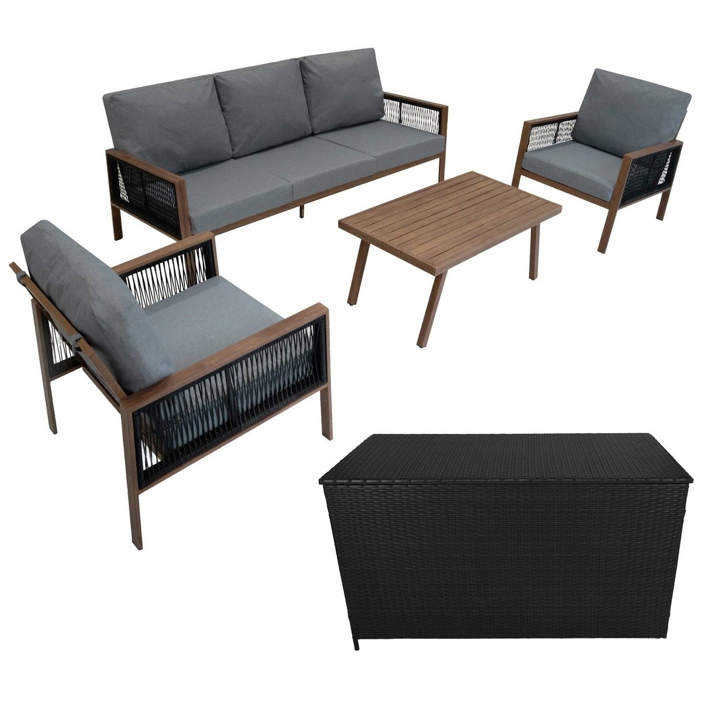 Aluminium 4 Piece Sofa Set with Black Rattan Storage Box - Wood Effect