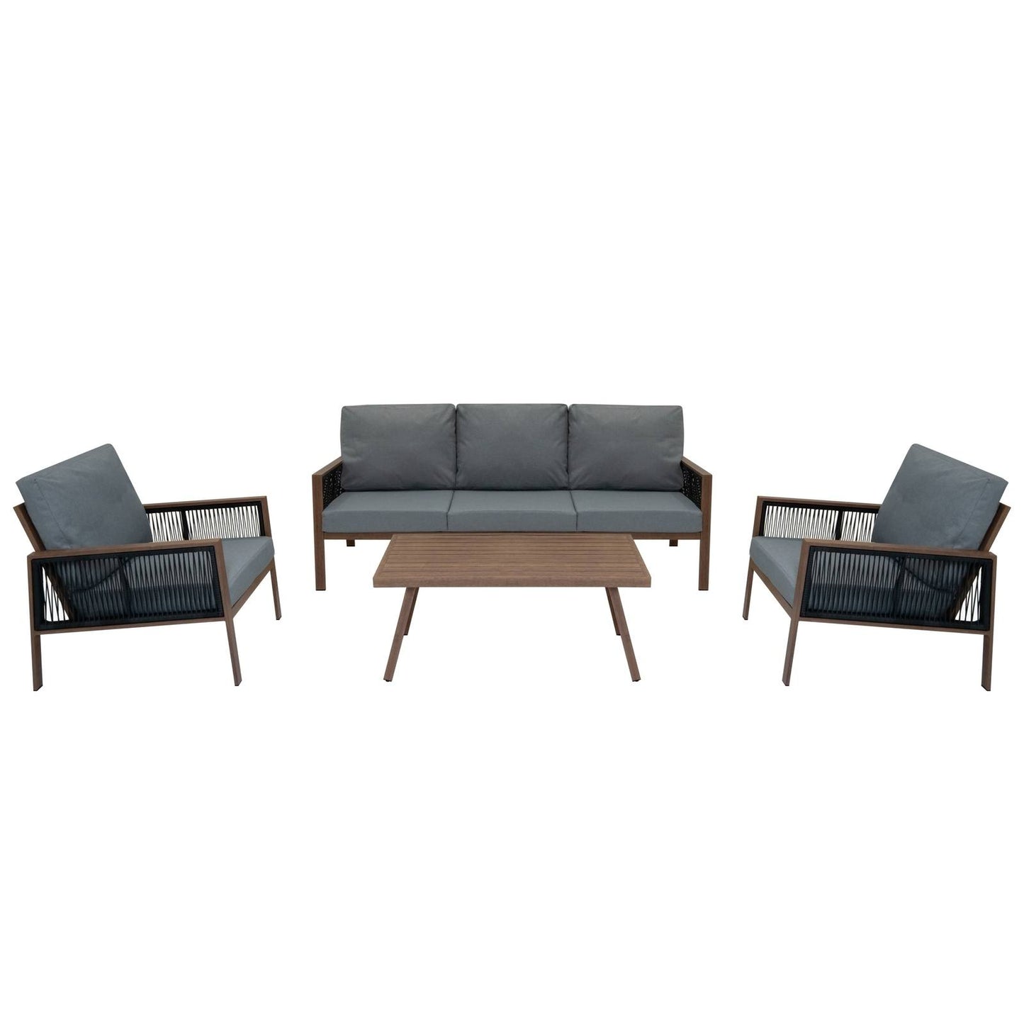 Aluminium 4 Piece Sofa Set with Black Rattan Storage Box - Wood Effect