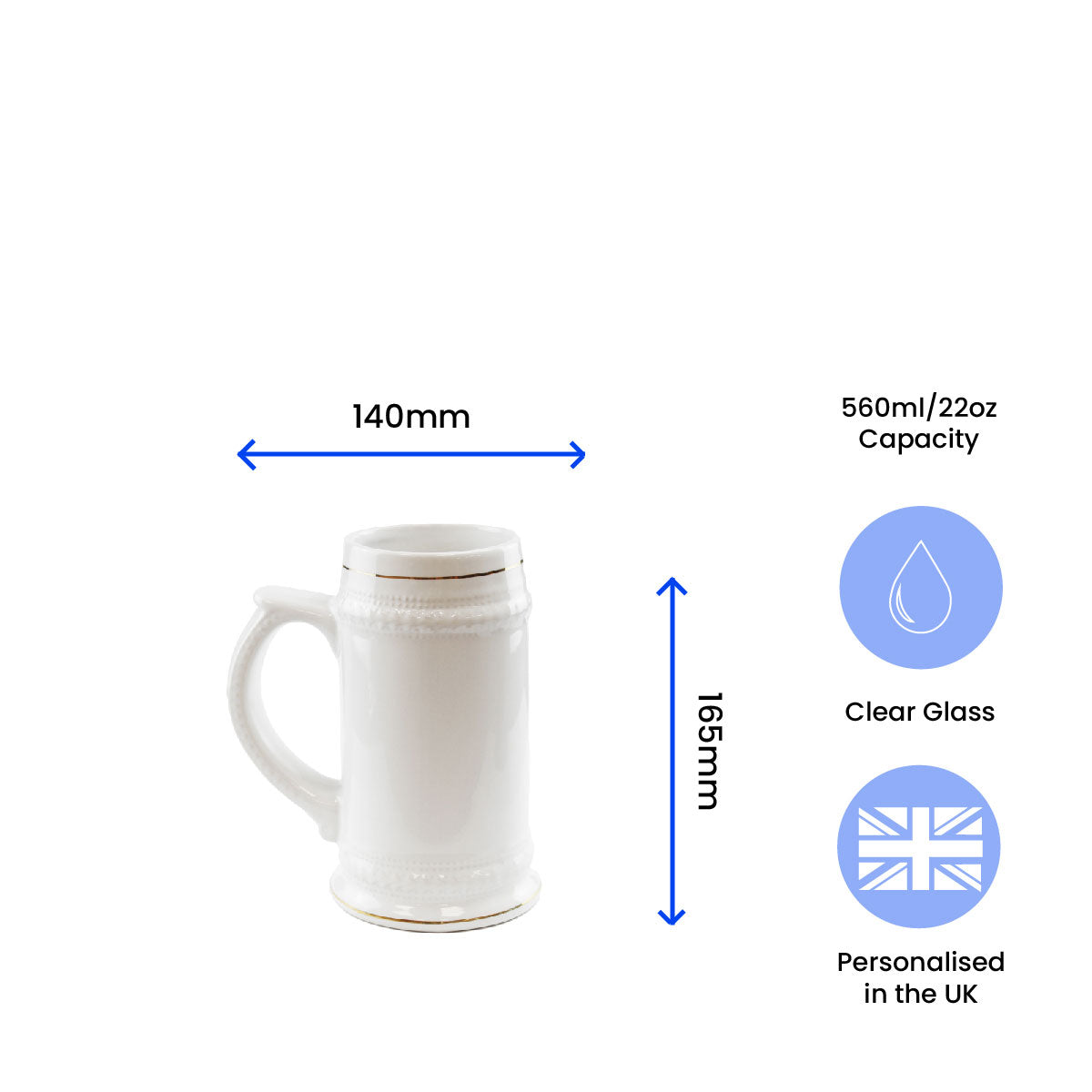 Printed White Ceramic Beer Mug, Any Message, Gold Rimmed, 22oz/560ml