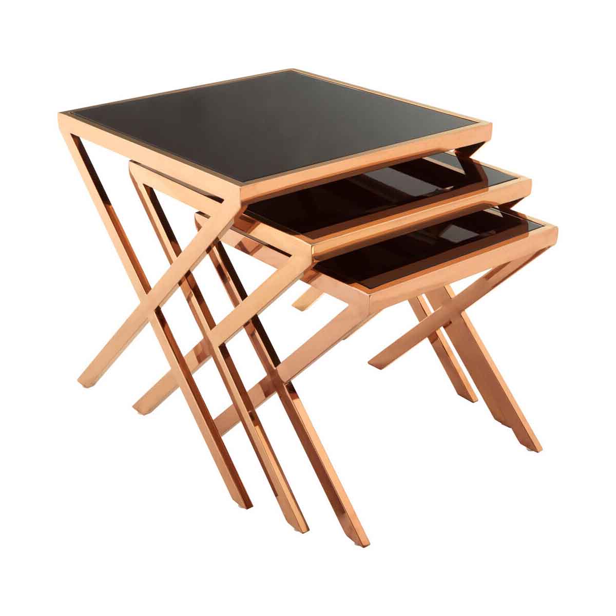 Ackley Rose Gold Set of 3 Nesting Tables with Black Glass