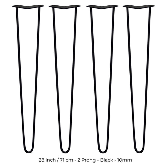4 x 28" Hairpin Legs - 2 Prong - 10mm - Black