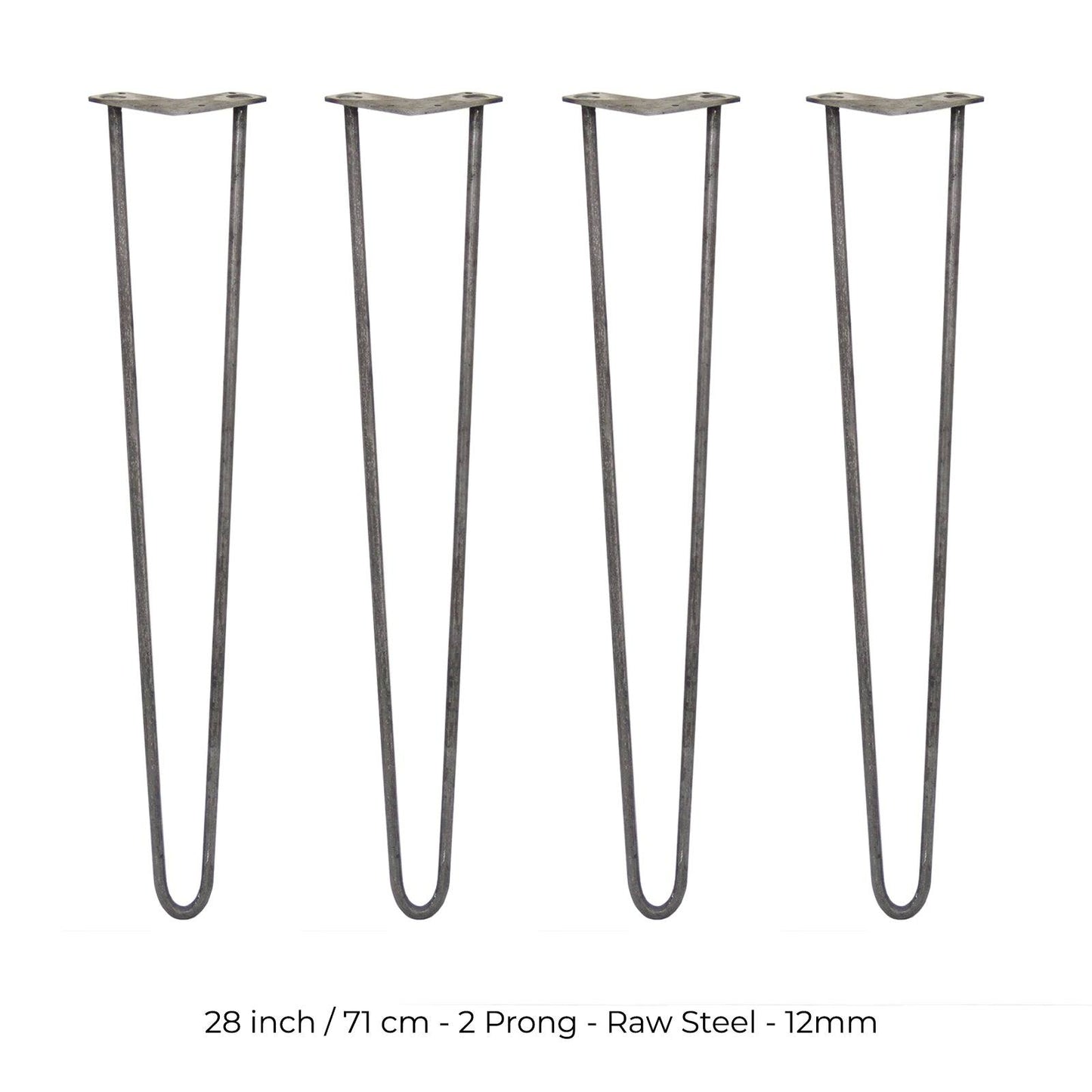 4 x 28" Hairpin Legs - 2 Prong - 12mm - Raw Steel