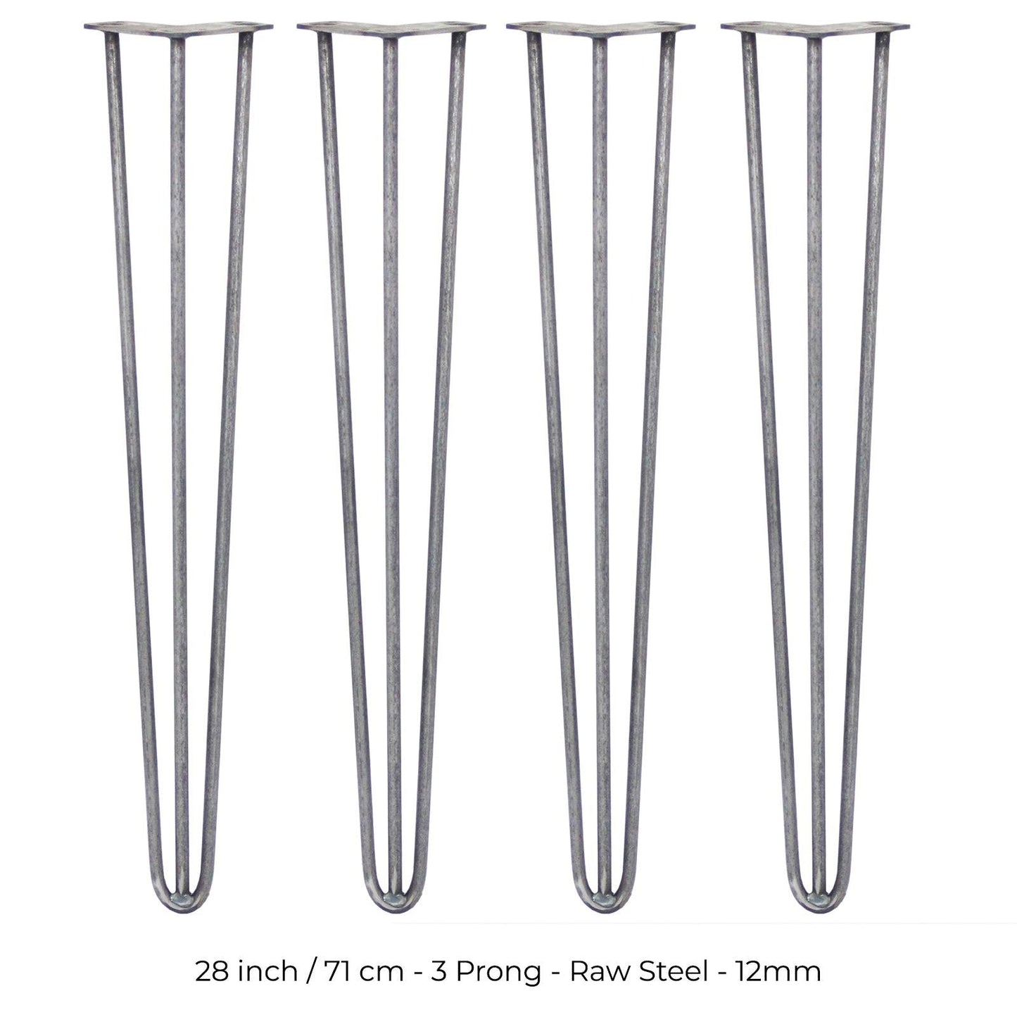 4 x 28" Hairpin Legs - 3 Prong - 12mm - Raw Steel