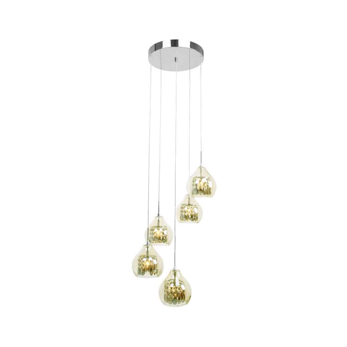 Moire Smoked Glass and Chrome 5 Pendant Light