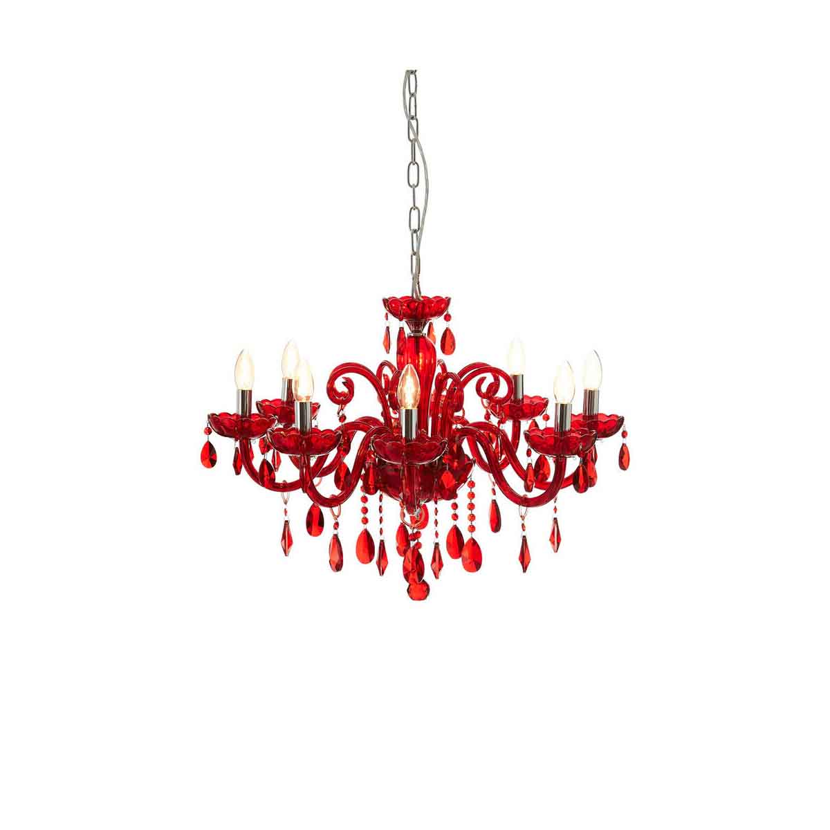 Murano 8 Bulb Chrome And Red Crystal Glass Chandelier