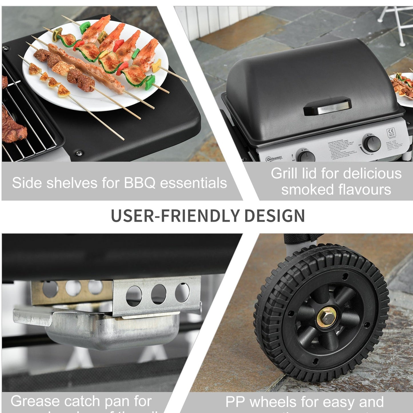 2 Burner Gas Barbecue Grill Propane Gas Cooking BBQ Grill 5.6 kW with Side Shelves Wheels