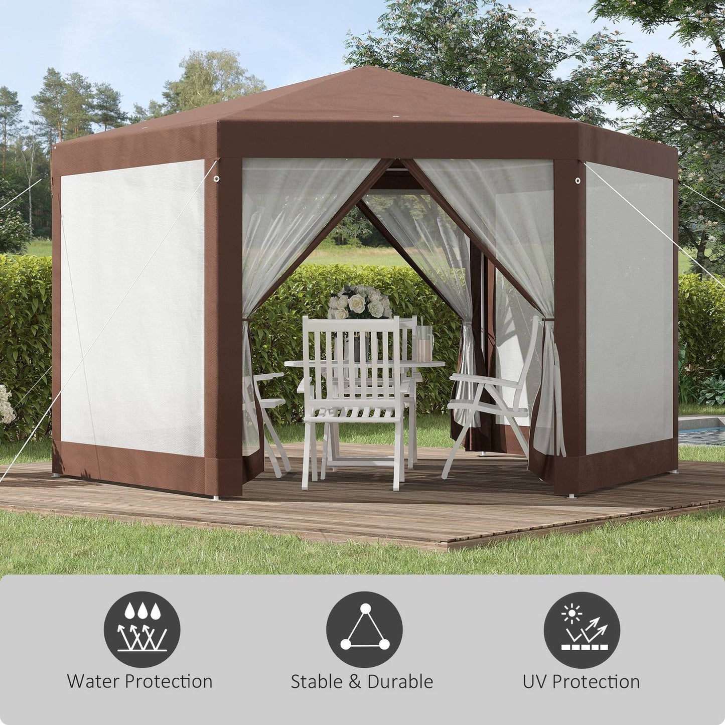 Hexagonal Garden Gazebo 3.4M Patio Party Outdoor Canopy Tent Sun Shelter with Mosquito Netting and Zipped Door