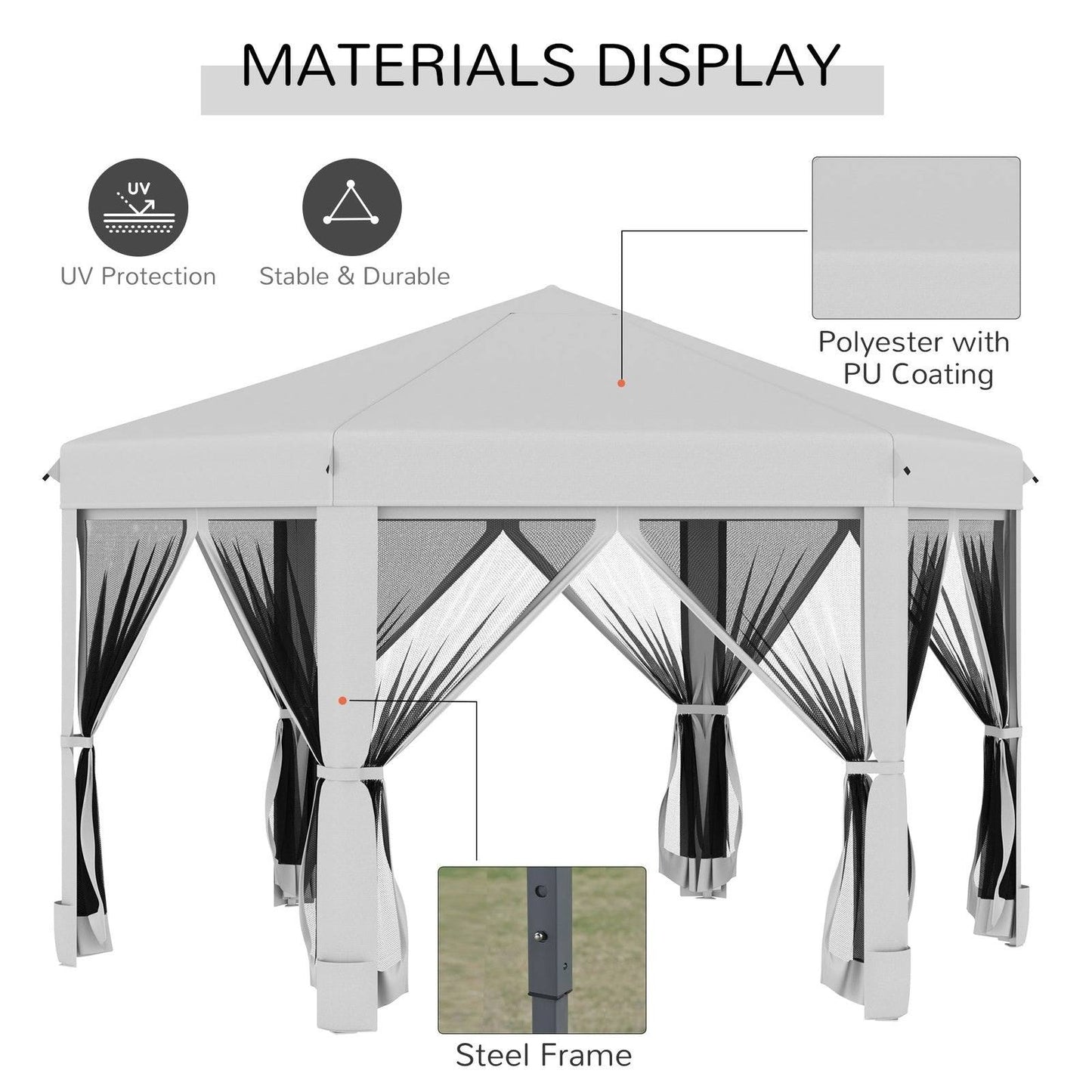 3.2m Pop Up Gazebo Hexagonal Canopy Tent Outdoor Sun Protection with Mesh Sidewalls