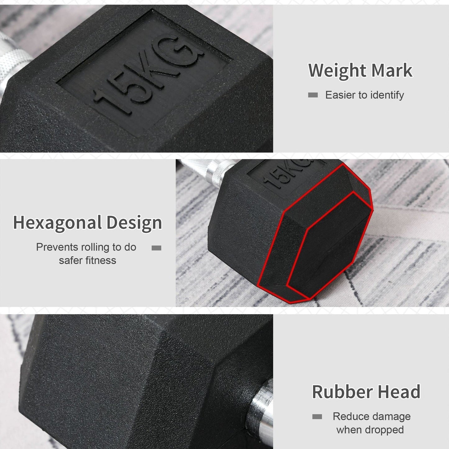 15KG Single Rubber Hex Dumbbell Portable Hand Weights Dumbbell Home Gym