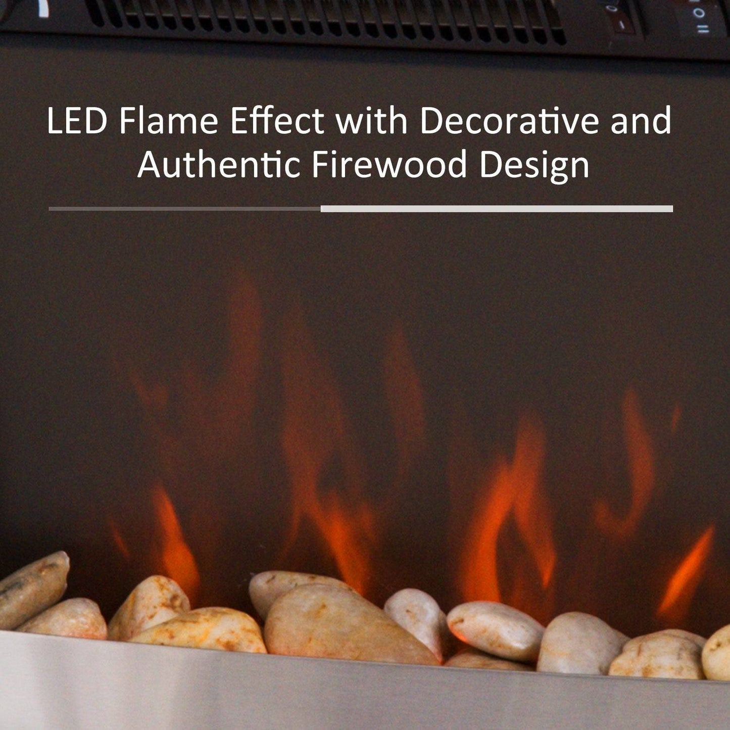 2KW Stainless Steel Electric Fireplace Pebble Burning Effect Heater Fire Flame Indoor Stove LED Lighting