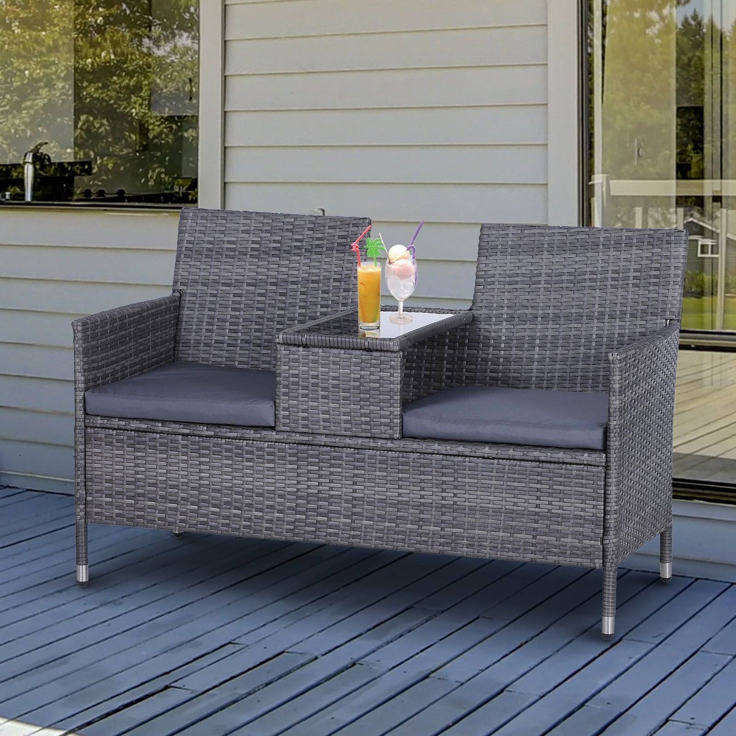 2 Seater PE Rattan Outdoor Garden Bench w/ Centre Table Grey