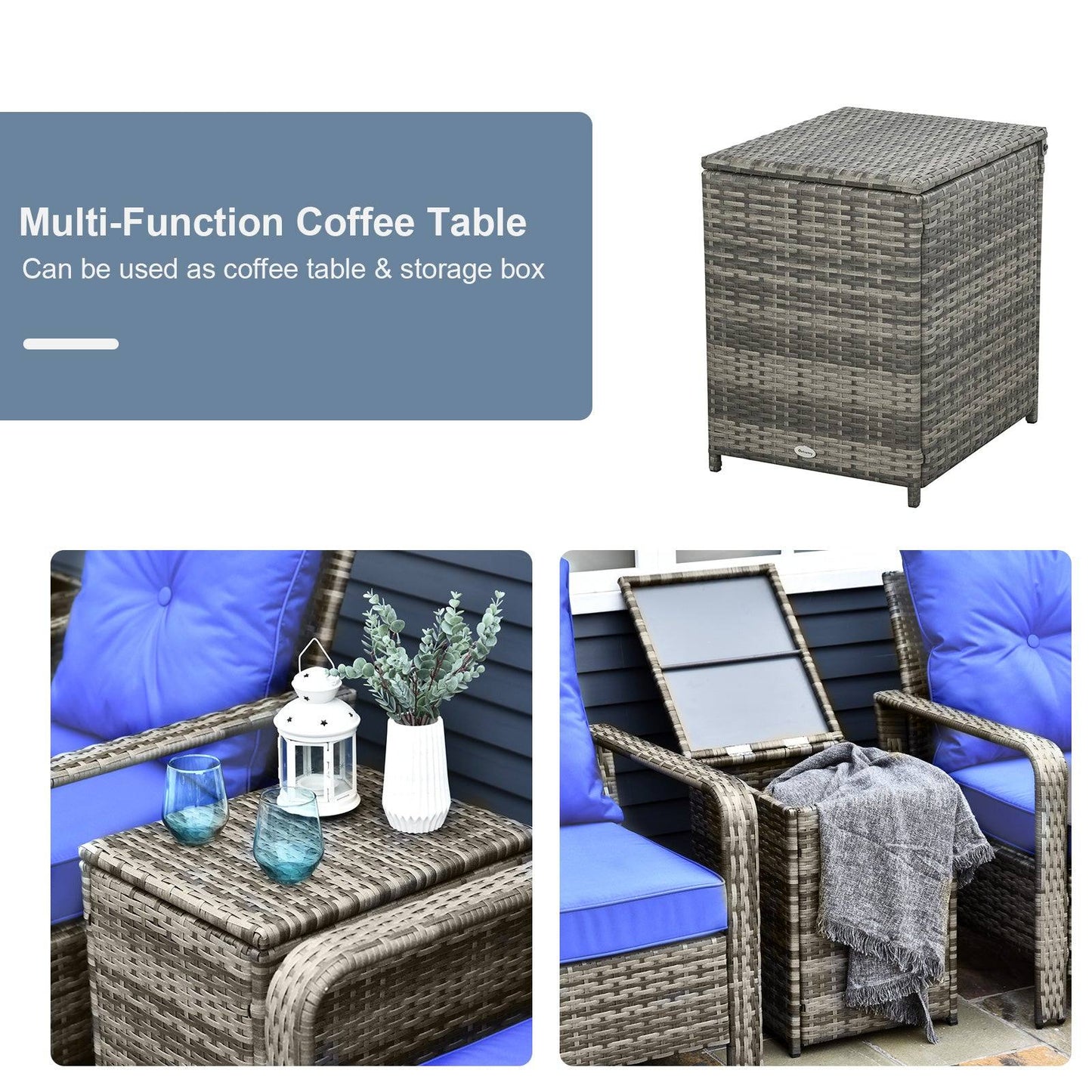 3-Piece PE Rattan Wicker Garden Furniture Patio Bistro Set Weave Conservatory Sofa Storage Table and Chairs Set Blue Cushion Grey Wicker