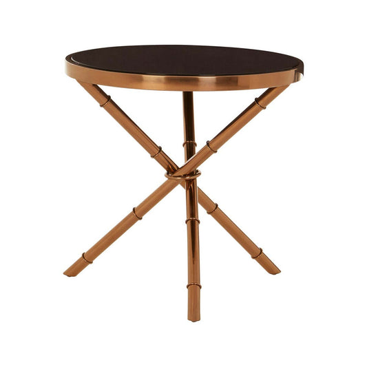 Alvaro Round Side Table with Rose Gold Legs and Black Glass Top