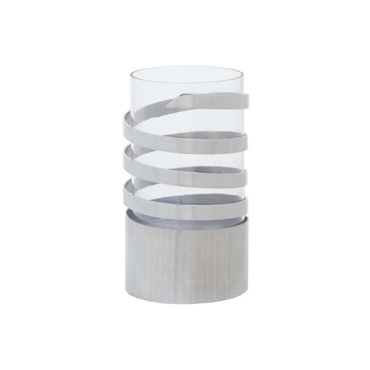 Amreli Small Vertical Textured Silver Metal Hurricane Candle Holder.