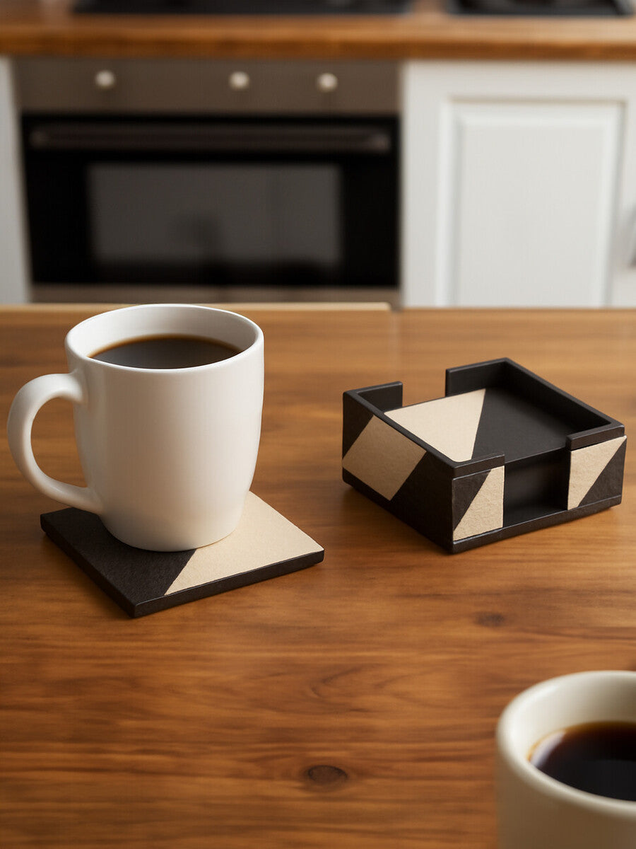 Ezra Set Of Four Black And White Coasters With Holder