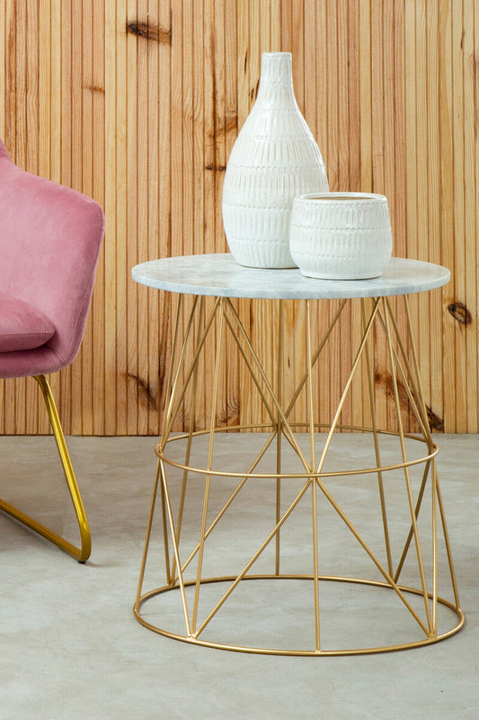 Mandoli White Marble Round Side Table