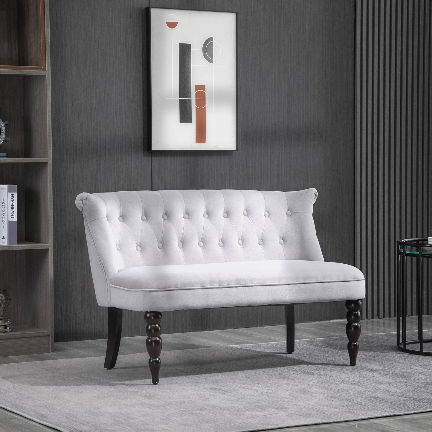 2 Seat Sofa Lounger Couch with Wood Frame Button Tufts Carved Legs Vintage Design Compact Home Bedroom Loveseat Grey