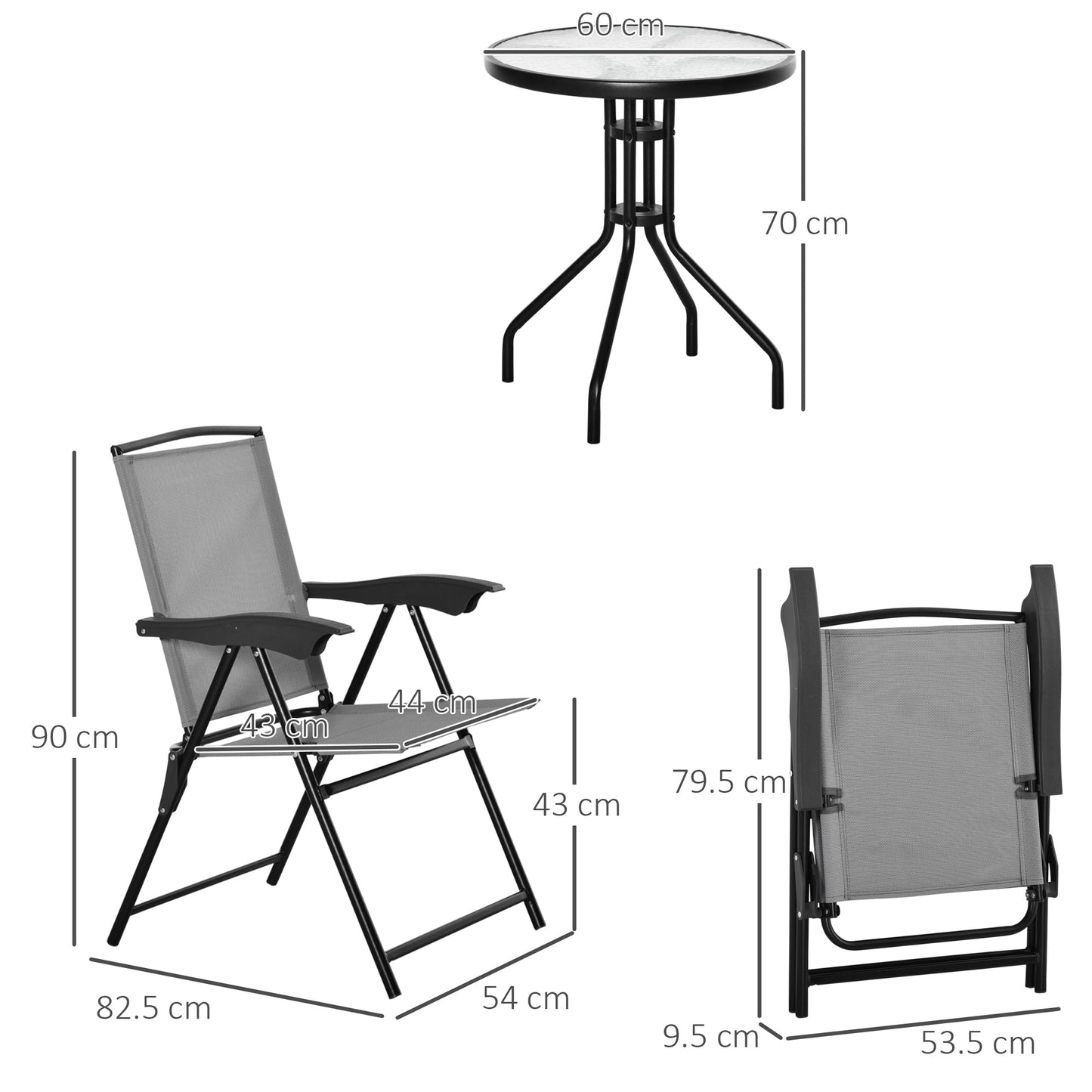 3-Piece Patio Furniture Bistro Set 2 Folding Chairs 1 Tempered Glass Table Adjustable Backrest - Grey