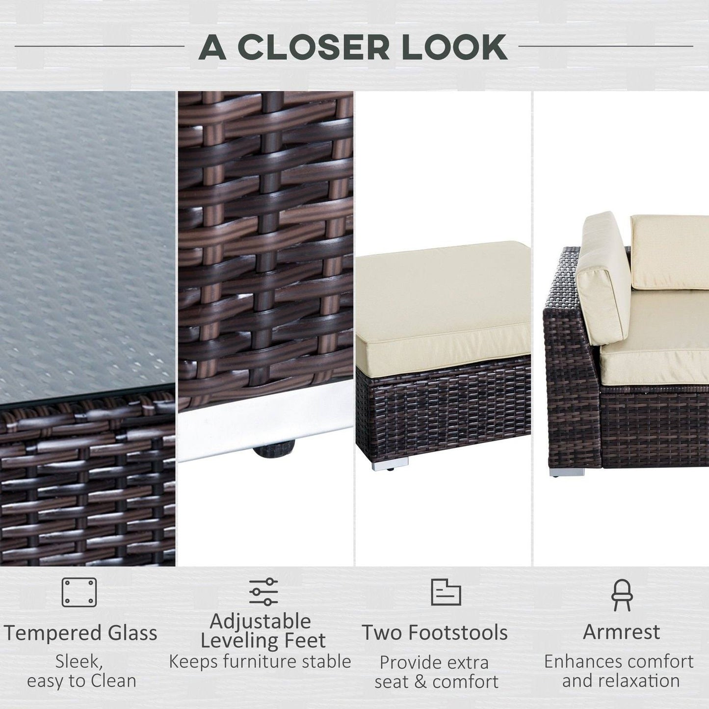 6 PC Rattan Sofa Coffee Table Set Sectional Wicker Weave Furniture for Garden Outdoor Conservatory w/ Pillow Cushion Brown