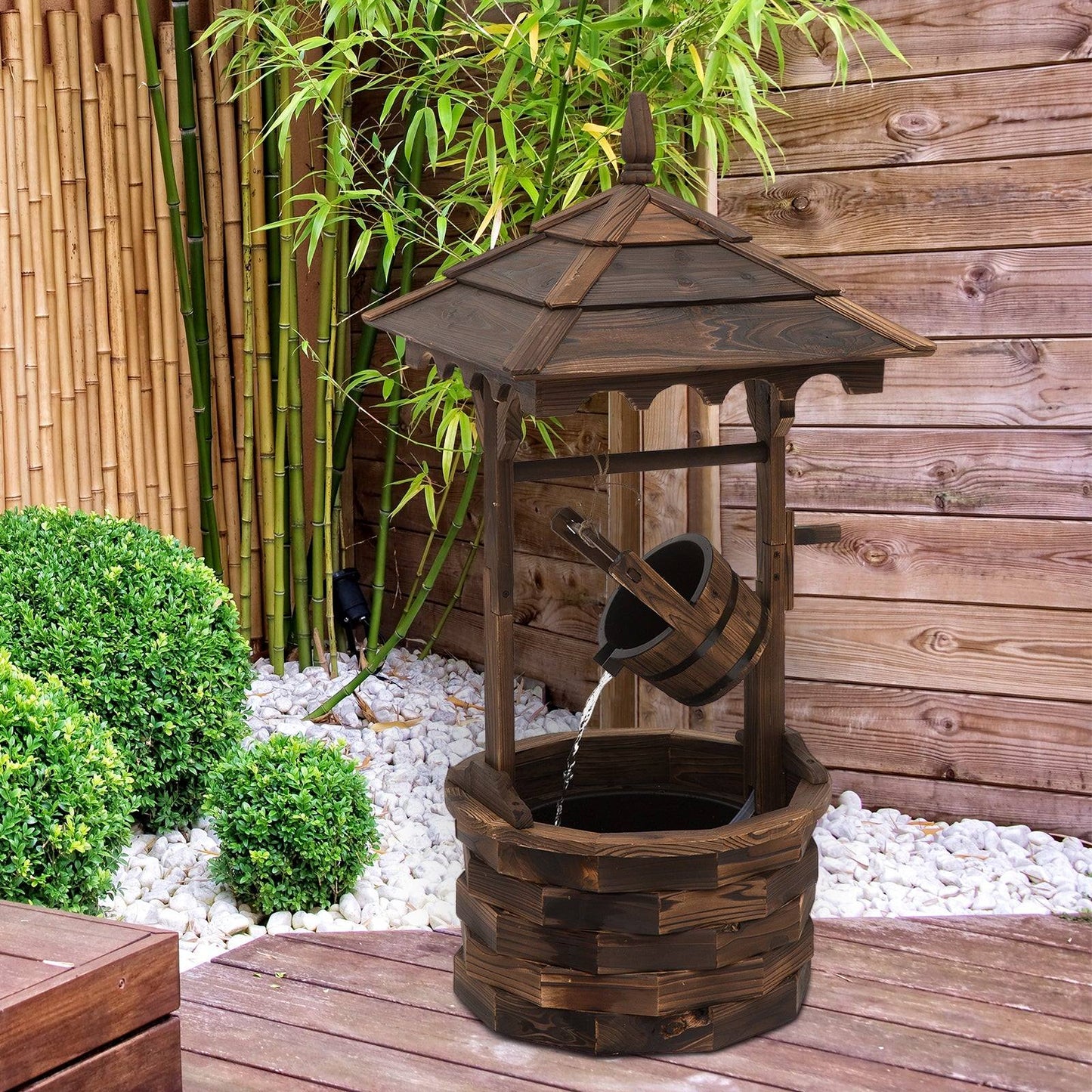 Outsunny Wooden Garden Wishing Well Fountain Barrel Waterfall Rustic Wood With Pump Garden Décor Ornament