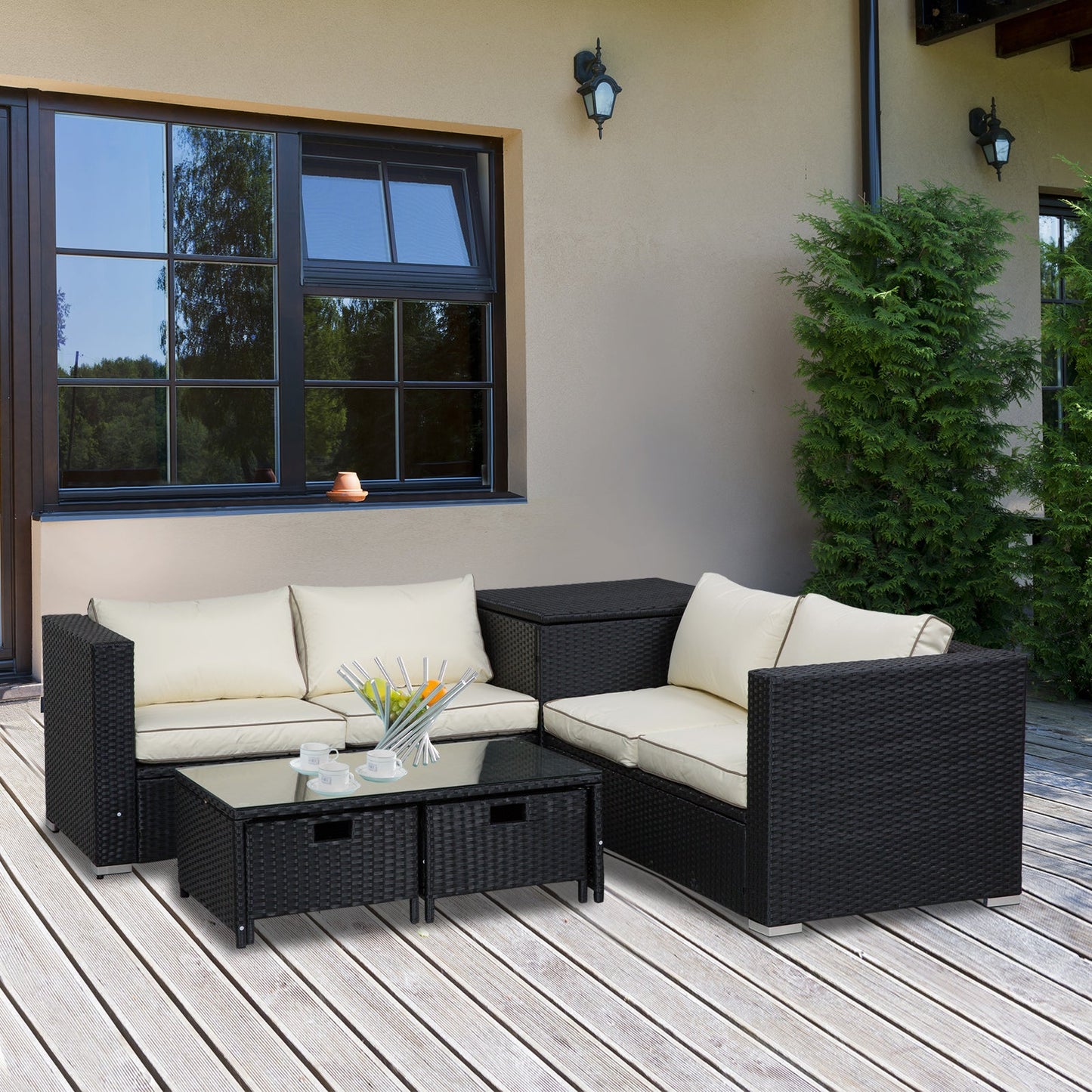 4-Piece Rattan Wicker Garden Furniture Patio Sofa Storage & Table Set w/ 2 Drawers Coffee Table