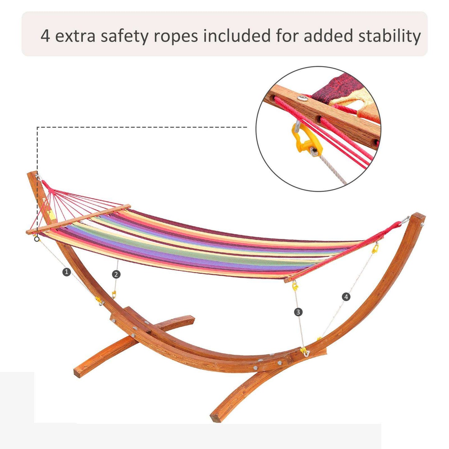Garden Outdoor Patio Standing Frame Wooden Cotton Hammock with Arc Stand and Safe Ropes - Multi-Colour
