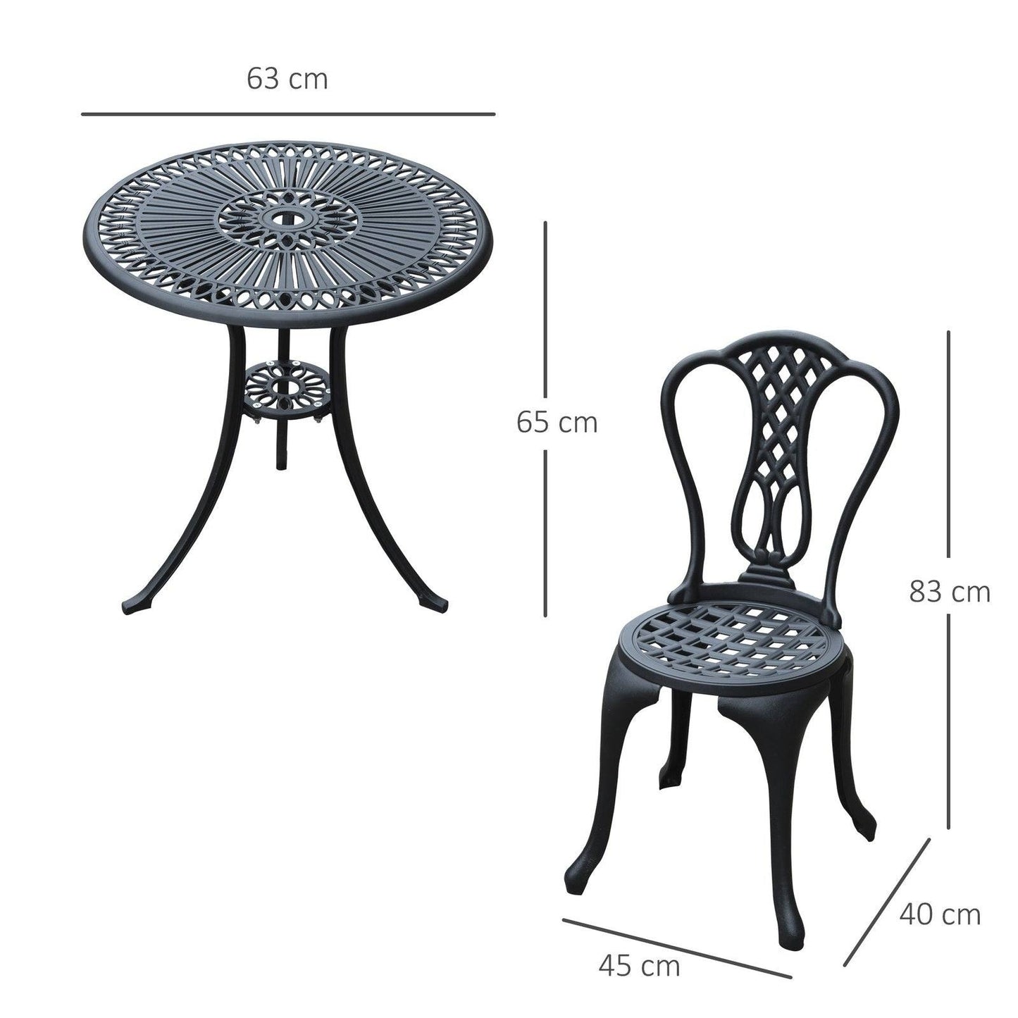 3-Piece Patio Cast Aluminium Bistro Set Garden Outdoor Furniture Table and Chairs Shabby Chic Style