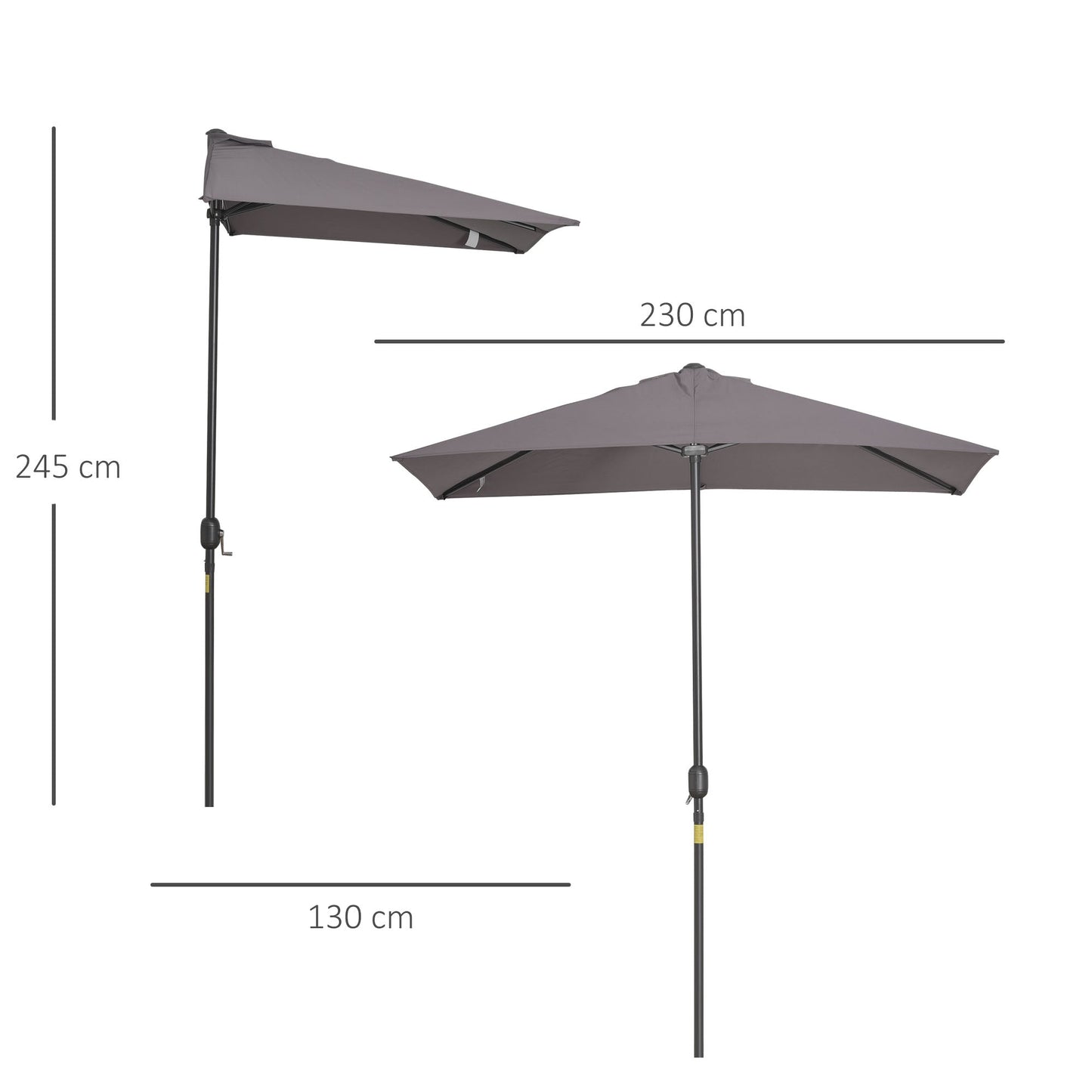 2.3m Half Round Parasol Umbrella Balcony Sun Shade Metal Grey