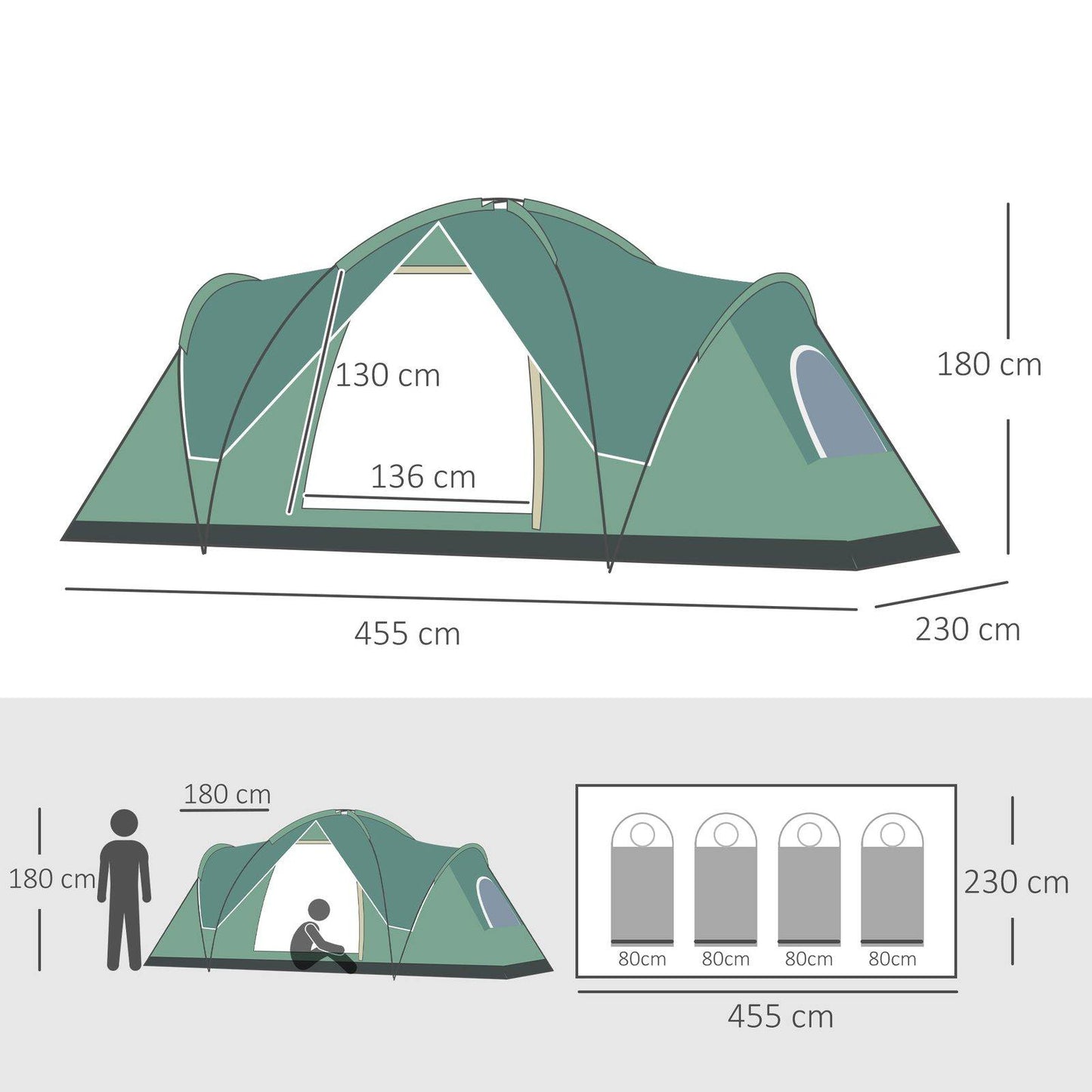 5-6 Man Dome Camping Tent Hiking Shelter UV Protection 3000mm Water Resistant Tunnel Tent - Dark Green