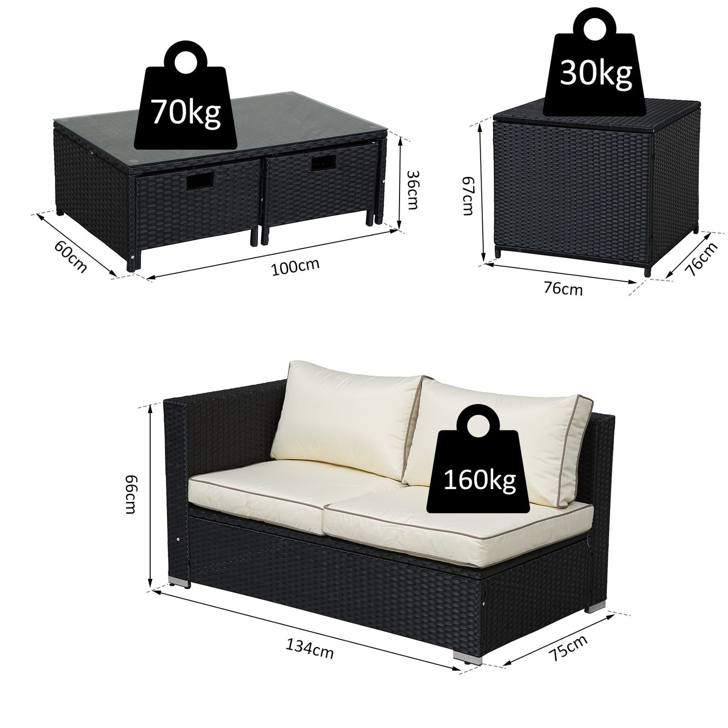 4-Piece Rattan Wicker Garden Furniture Patio Sofa Storage & Table Set w/ 2 Drawers Coffee Table