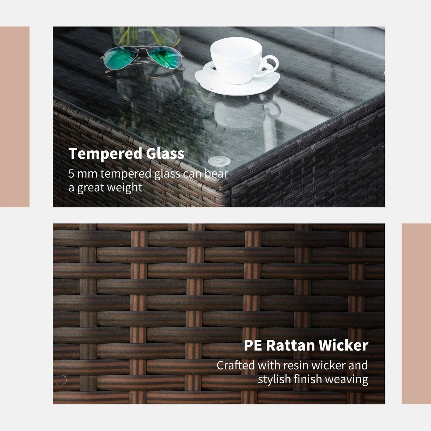 PE Rattan Garden Coffee Table with Glass Table Top - Brown