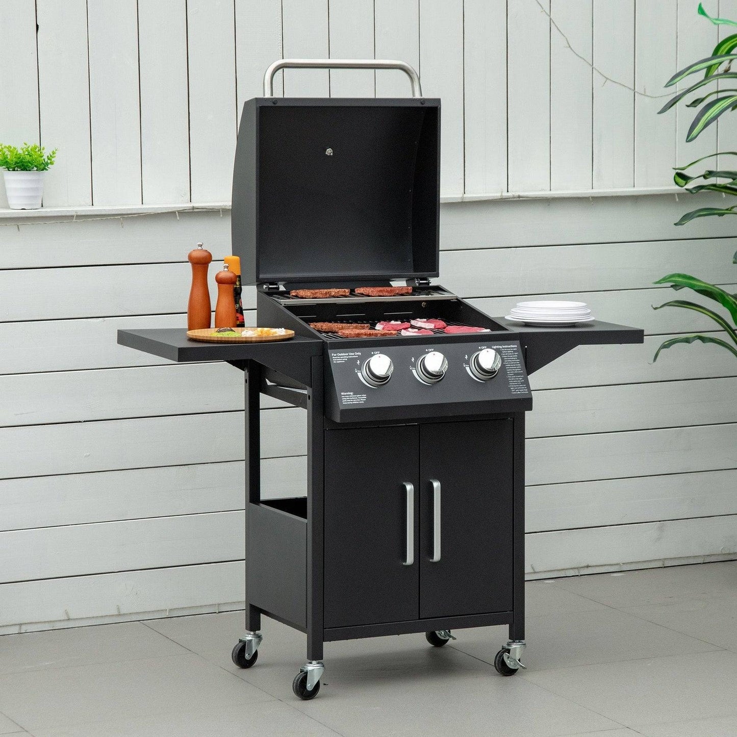 3 Burner Gas BBQ Grill Outdoor Portable Barbecue Trolley With Warming Rack