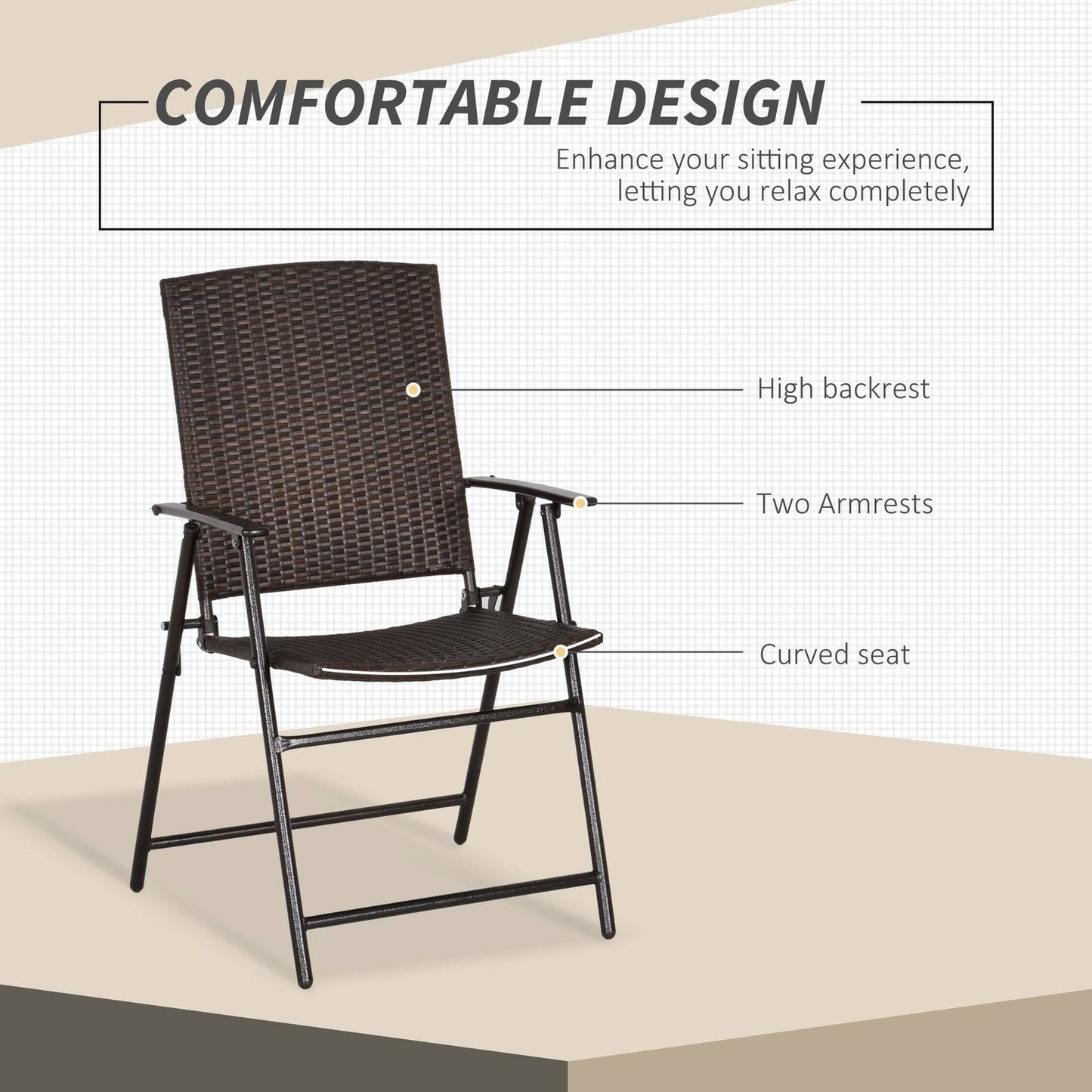 2-Piece Rattan Chair Garden Furniture Wicker Foldable Chair Steel Frame for Backyard Poolside Garden