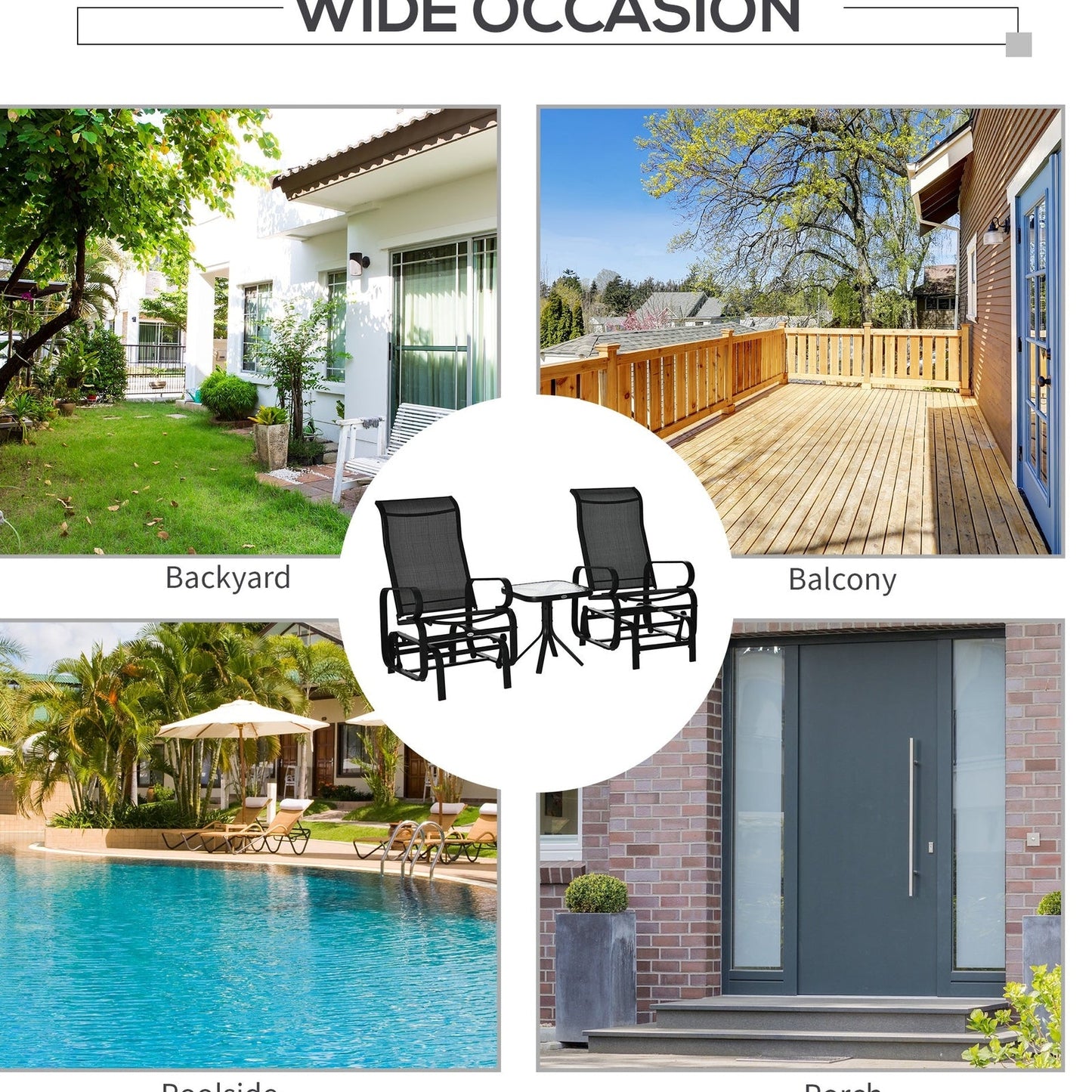 3-Piece Metal Outdoor Gliding Rocking Chair With Tea Table Patio Garden Comfortable Swing Chair Black