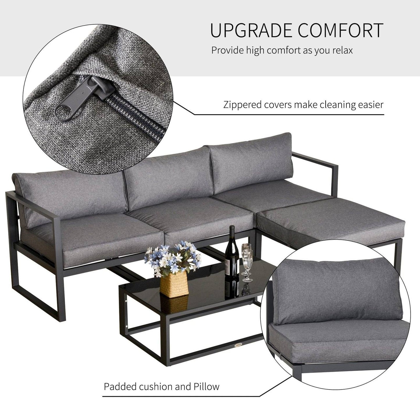 5-Pieces Outdoor Patio Furniture Set with Glass End Table Padded Cushion Grey