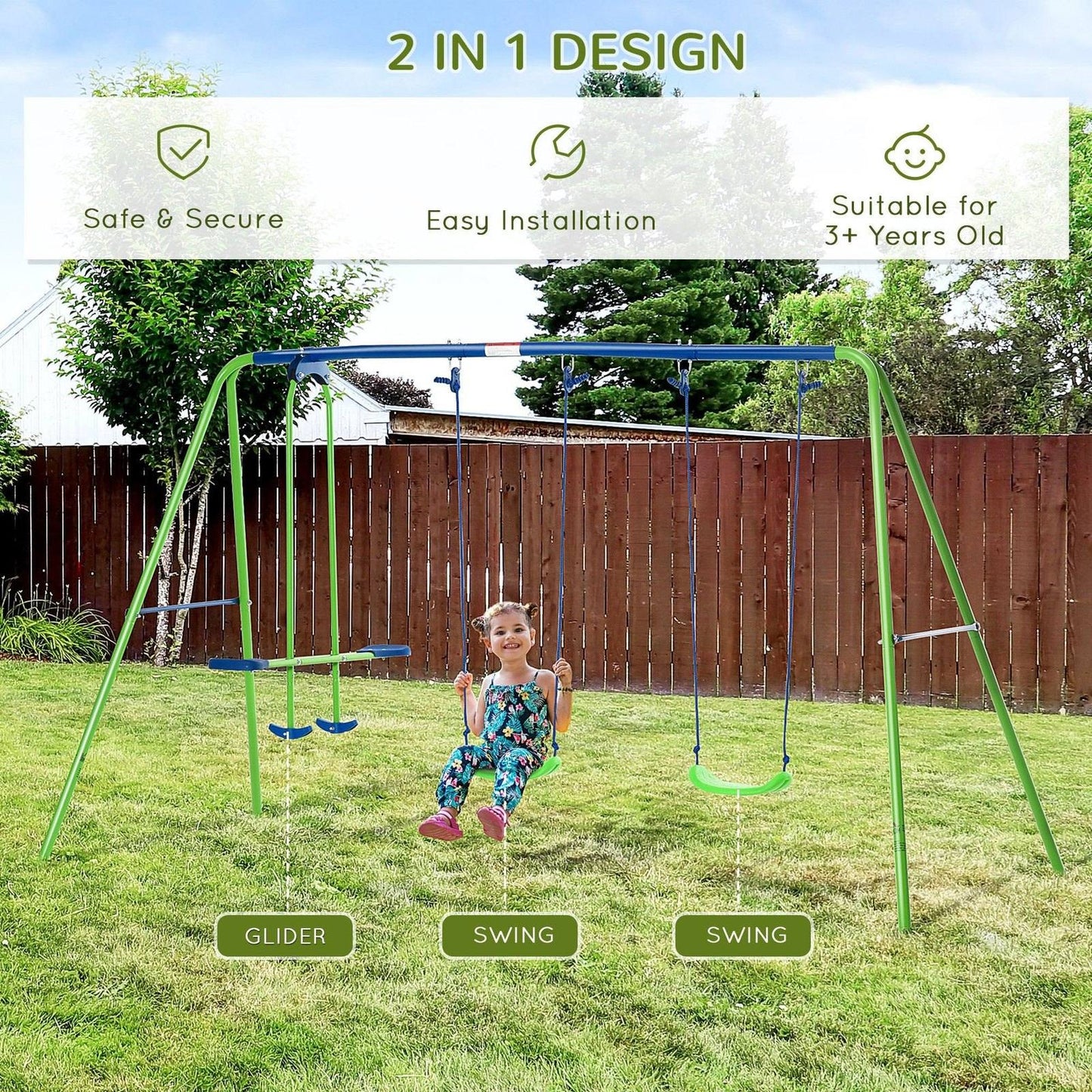 Metal Garden Swing Set Height Adjustable Children Outdoor Backyard Play Set for Toddlers Over 3 Years Old