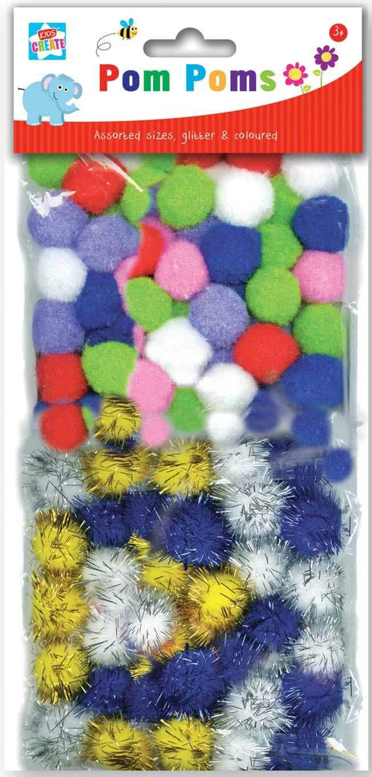 Children's Pack of 100 Pom Poms in Assorted Sizes, Colours, & Designs