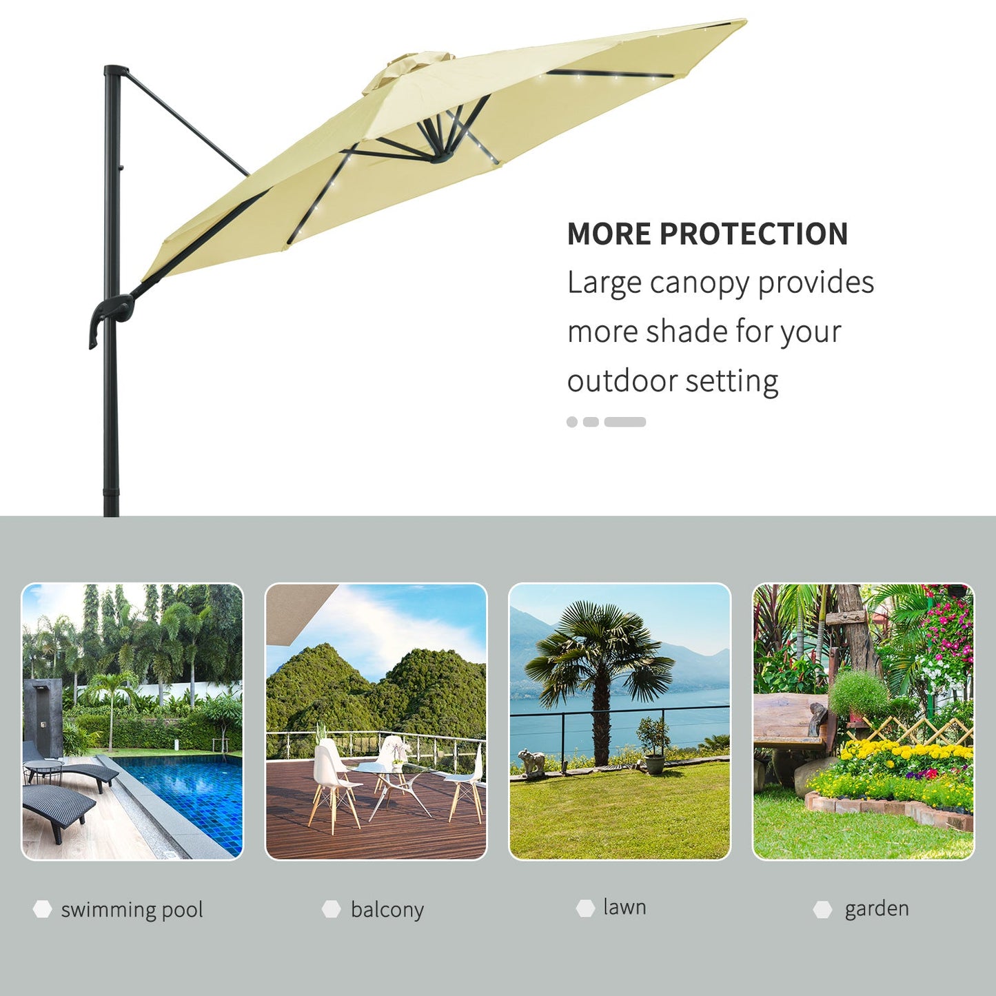 3M LED Cantilever Parasol Garden Sun Umbrella w/ Base and Solar Lights Beige
