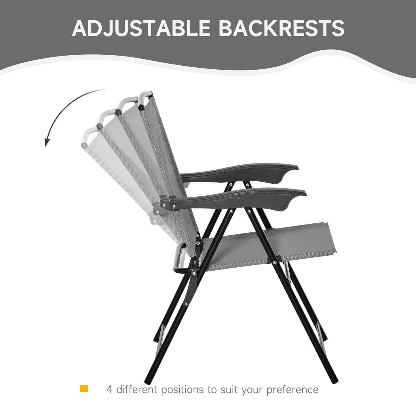 3-Piece Patio Furniture Bistro Set 2 Folding Chairs 1 Tempered Glass Table Adjustable Backrest - Grey