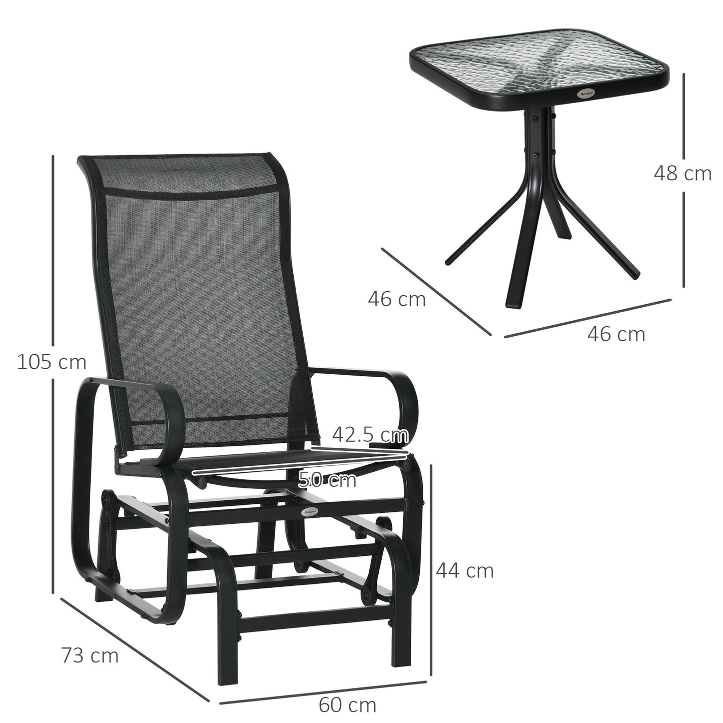 3-Piece Metal Outdoor Gliding Rocking Chair With Tea Table Patio Garden Comfortable Swing Chair Black